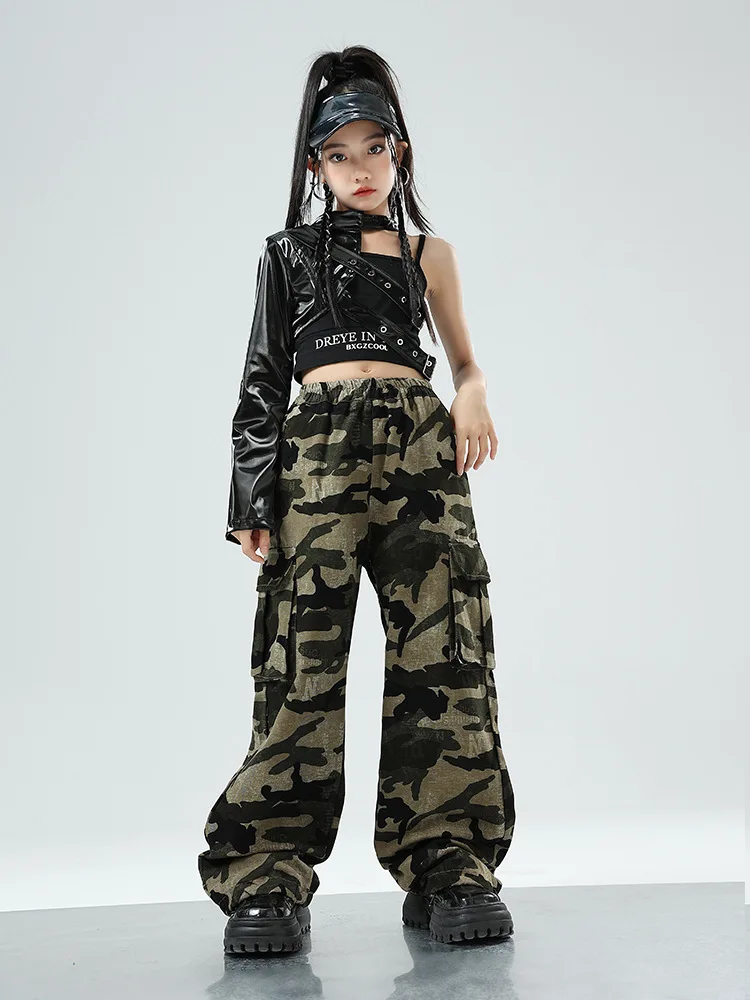 Mädchen Hip Hop Crop Top Manschette Camouflage Cargo Hosen Kleidung Sets Kind PU Leder Street Dance Jogger Kinder Streetwear Kostüme