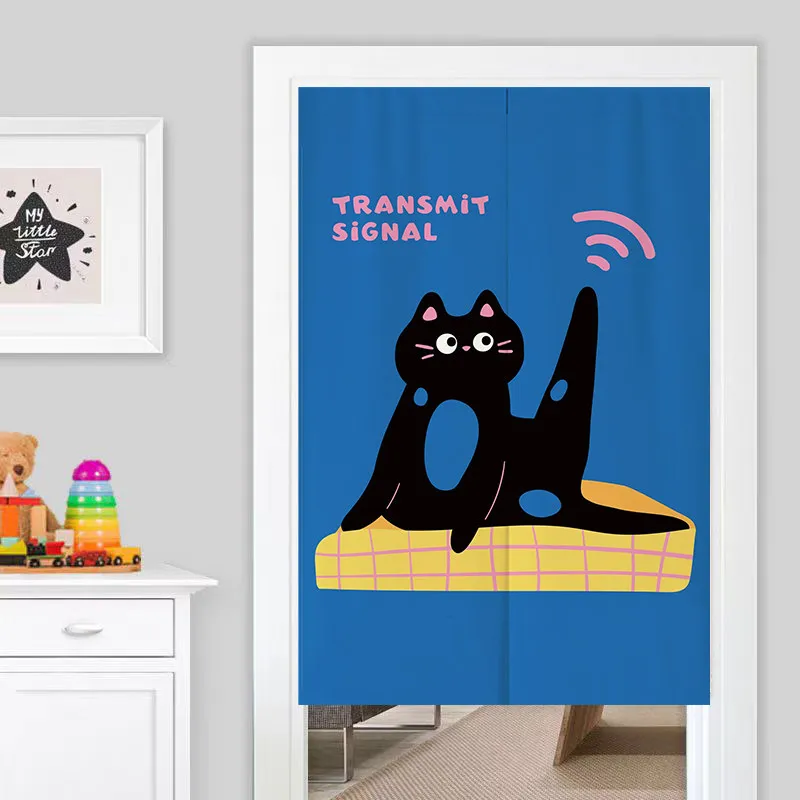 VIKAMA Signal Black Cat Noren Door Curtain Funny Cartoon Print Hanging Curtain Kids Room Door Partition Trendy Home Decor