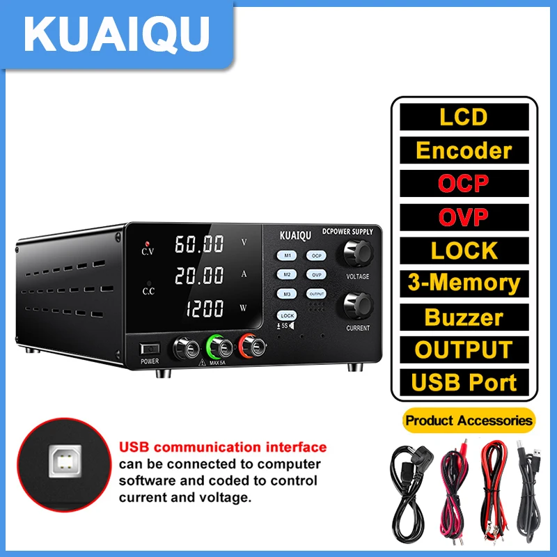 

KUAIQU 60V 20A 1200W Precision Repair DC Power Supply 12-48V Small Motors Testing Voltage Regulator With OCP OVP Memory Buzzer