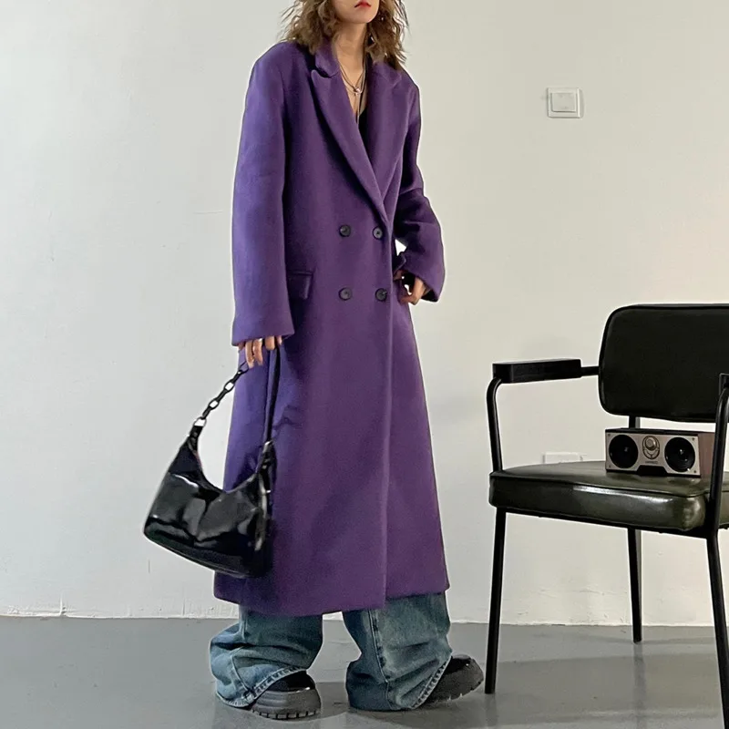 HKSH خريف شتاء جديد امرأة طويلة السترة محززة طوق مزدوجة الصدر الكتف مكتب سيدة أنيقة Ins معطف الصوف HK14937