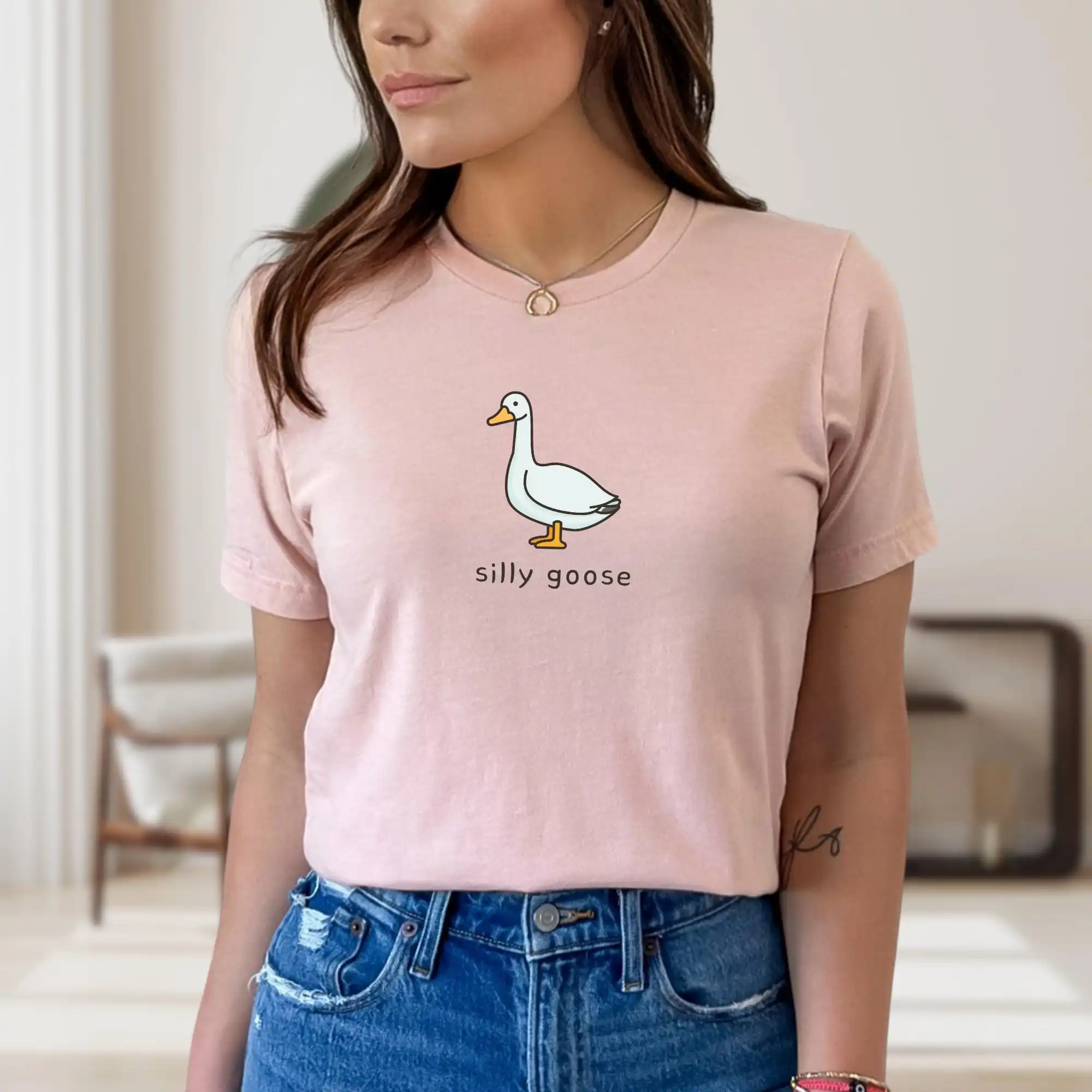 Minimalist Silly Goose T-Shirt, Cute Animal Lover Gift High Quality Round Neck Printed T-shirt