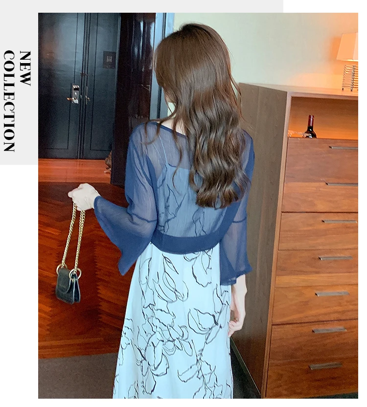 Women's Tie-Front Thin Sheer White Red Navy Blue Chiffon Shirts Elegant Ladies Flare-Sleeve Shrug Top Summer Boho Short Cardigan