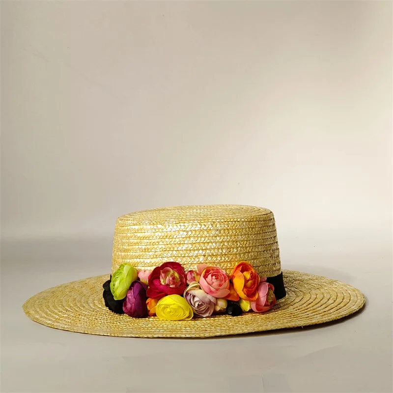 Women's Beach Hat 10cm Flat-Top Straw Hat with Detachable Faux Floral Trim | Stylish Headwear for Stage Winter Tie-Strap Design