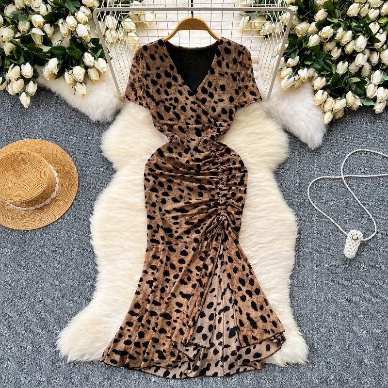 

Dress Women Fishtail Dresses A Line Vestidos Sexy Bodycon Print Streetwear V Neck Short Sleeve Party Y2k High Waist Slim Club