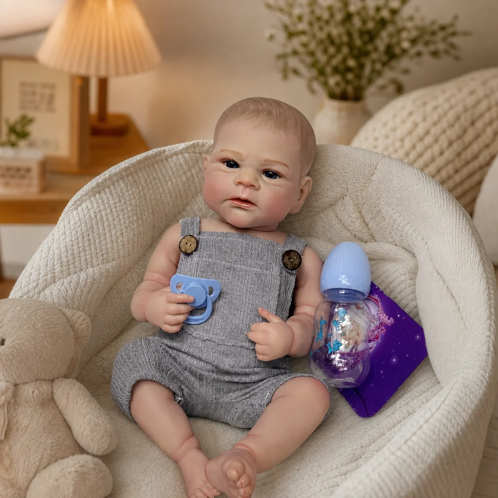 18 Inch Elijah Reborn Baby Doll Painted Hair Full Vinyl Body Hand Painted Lifelike Newborn Art Doll Collectible Birthday Gift（TT）