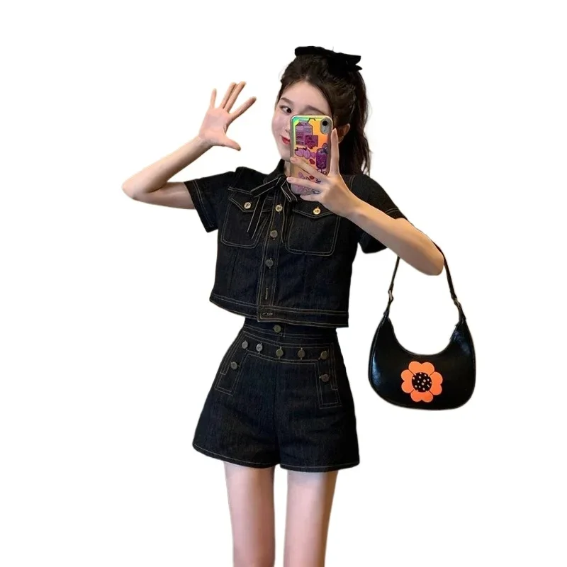 2026 Summer New Foreign Style Retro Denim Suit Women's Design Sense Niche Shirt High Waist Wide Leg Shorts Two-piece Set Trendy