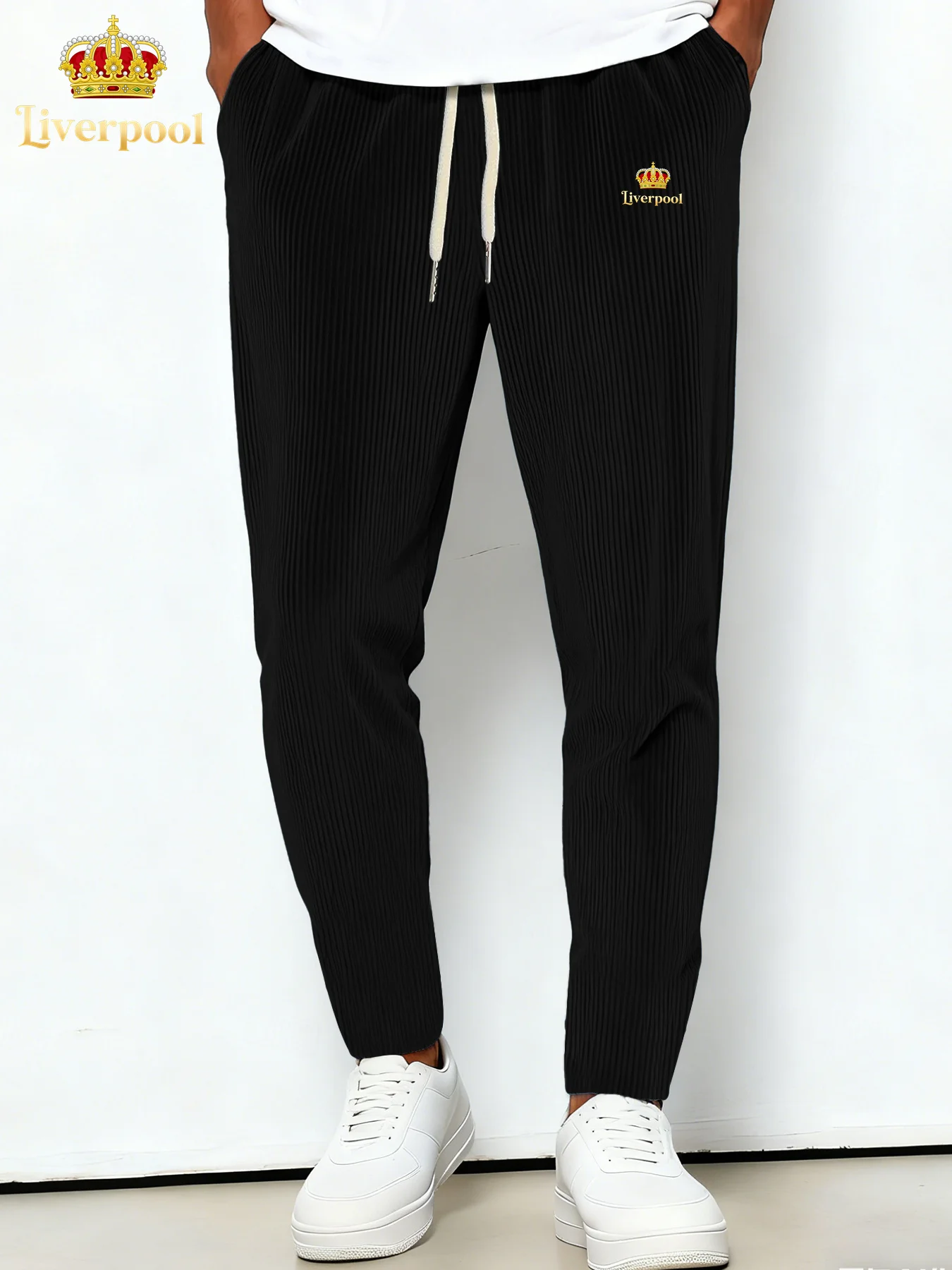 

Premium Men's Liverpool Solid Black Pleated Joggers, Drawstring Waist Tapered Leg Pants, Timeless Athletic Essential