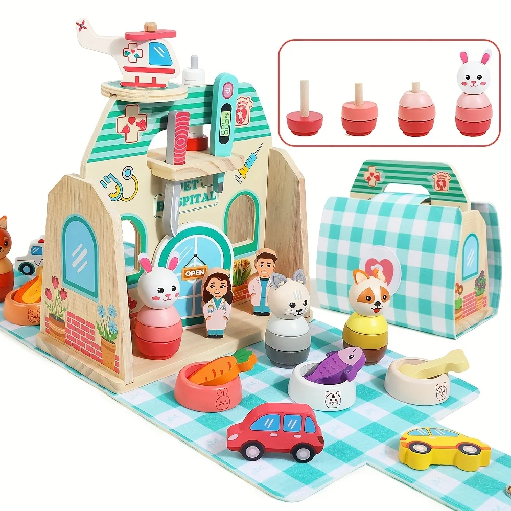 Wooden Educational Toy Ice Cream Pet Hospital Afternoon Tea Portable Set Bag Pretend Play Series Three Options Available
