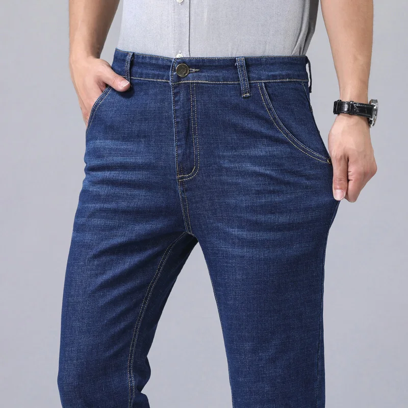 2025 New Embroidery Fashion Straight Jeans Men Stretch Black Blue Slim Fit Pants Comfortable Business Denim Trousers 28-40