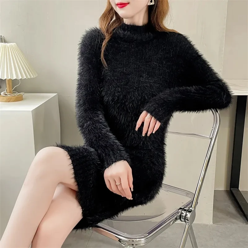 Women\'s Pullover Sweater Outside Wearing New Autumn Winter Imitation Mink Fleece Mid-Length Korean Long Knitted Base Shirt Dress