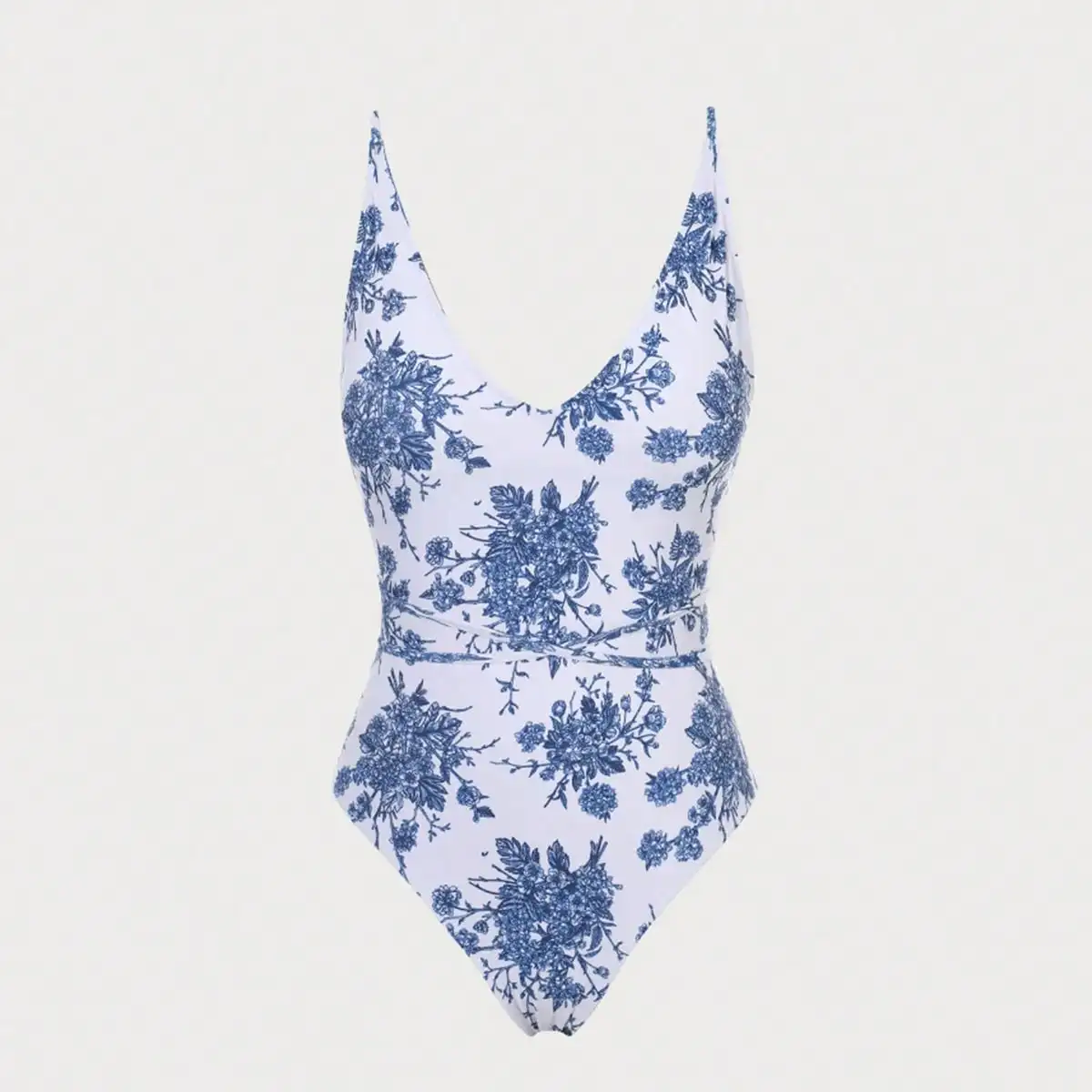 بيكيني قطعة واحدة من قطعة واحدة للتصدير الأوروبي والأمريكي الجديد لعام 2025، ملابس سباحة ضيقة مثيرة برقبة على شكل حرف V مطبوعة باللونين الأزرق والأبيض، على الطراز الصيني
