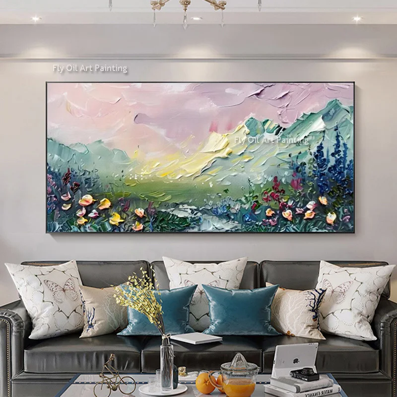 

Abstract Landscape Knife Thick Oil Painting Handmade Pastoral Painting On Canvas Flowers Moutains Textured Wall Art For Decor