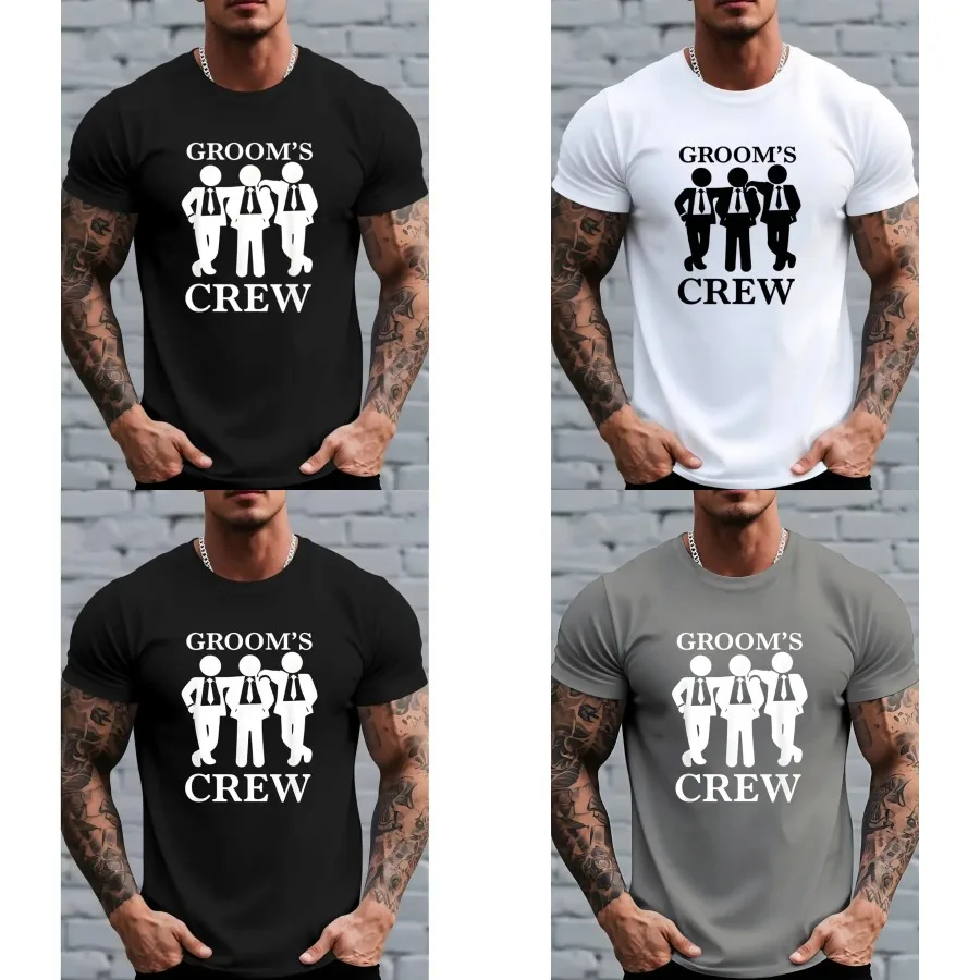 

【Хорошее качество】Мужская футболка "Groom Squad" - черная с белым силуэтным принтом и крупным надписью, круглый вырез, короткий рукав, машинная отделка.