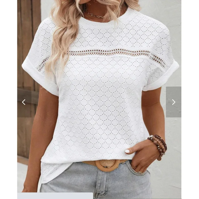 Summer Clothes for Women New Solid Hollow Out Lace Casual T-Shirt Fashion Round Neck Batwing Short Sleeve White Pullover Tops