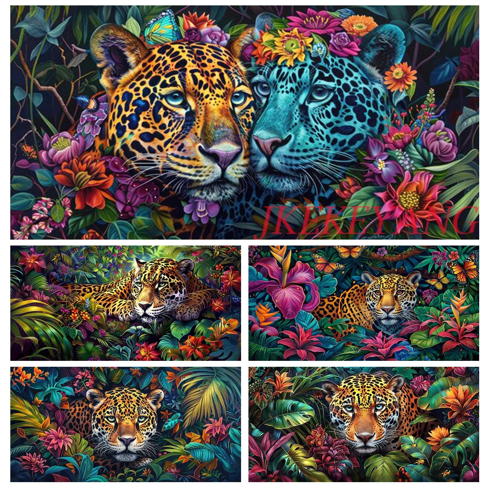 Jungle Leopard Couple Flowers Diamond Painting New 2024 5D Large Diy Animals Floral Full Square Round Diamond Mosaic Embroidery