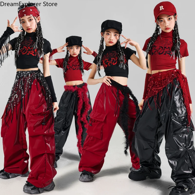 Filles K-pop haut court danse de rue en cuir brillant Cargo pantalon enfants Hip Hop fille groupe vêtements ensemble enfants Streetwear Jazz Costume