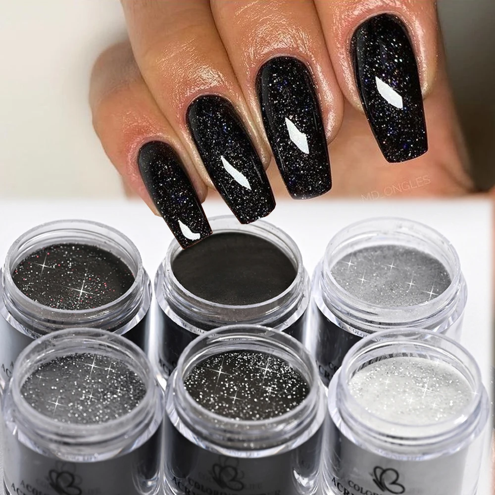 6 ألوان أسود أبيض رمادي يلمع مسمار الفن الاكريليك مسحوق المهنية تمديد/الغمس/نحت مسمار كريستال مسحوق بوليمر الغبار