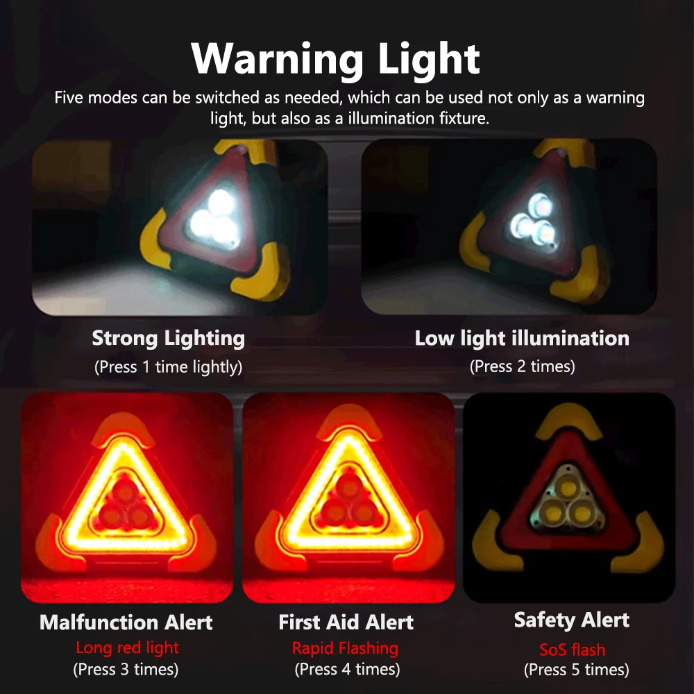 Multifunctional Car Emergency Car Repairing Warning Light Triangular Roadside Warning Light Solar Warning Light Foldable