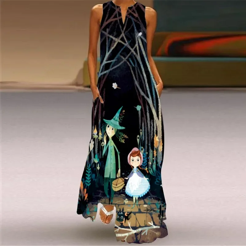 2024 Casual Dress Women Art Cartoon Print Dress Pocket Sleeveless V Neck Sleeveless Dress