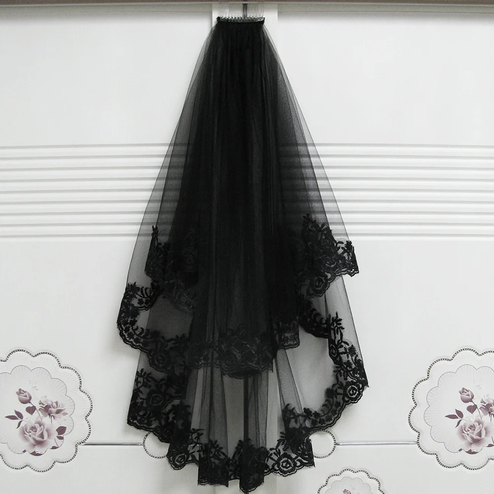 Véu longo de renda preta, acessório de tule para casamento, noiva, elegante para fotografia, cosplay, festa de halloween, noiva, véu de casamento