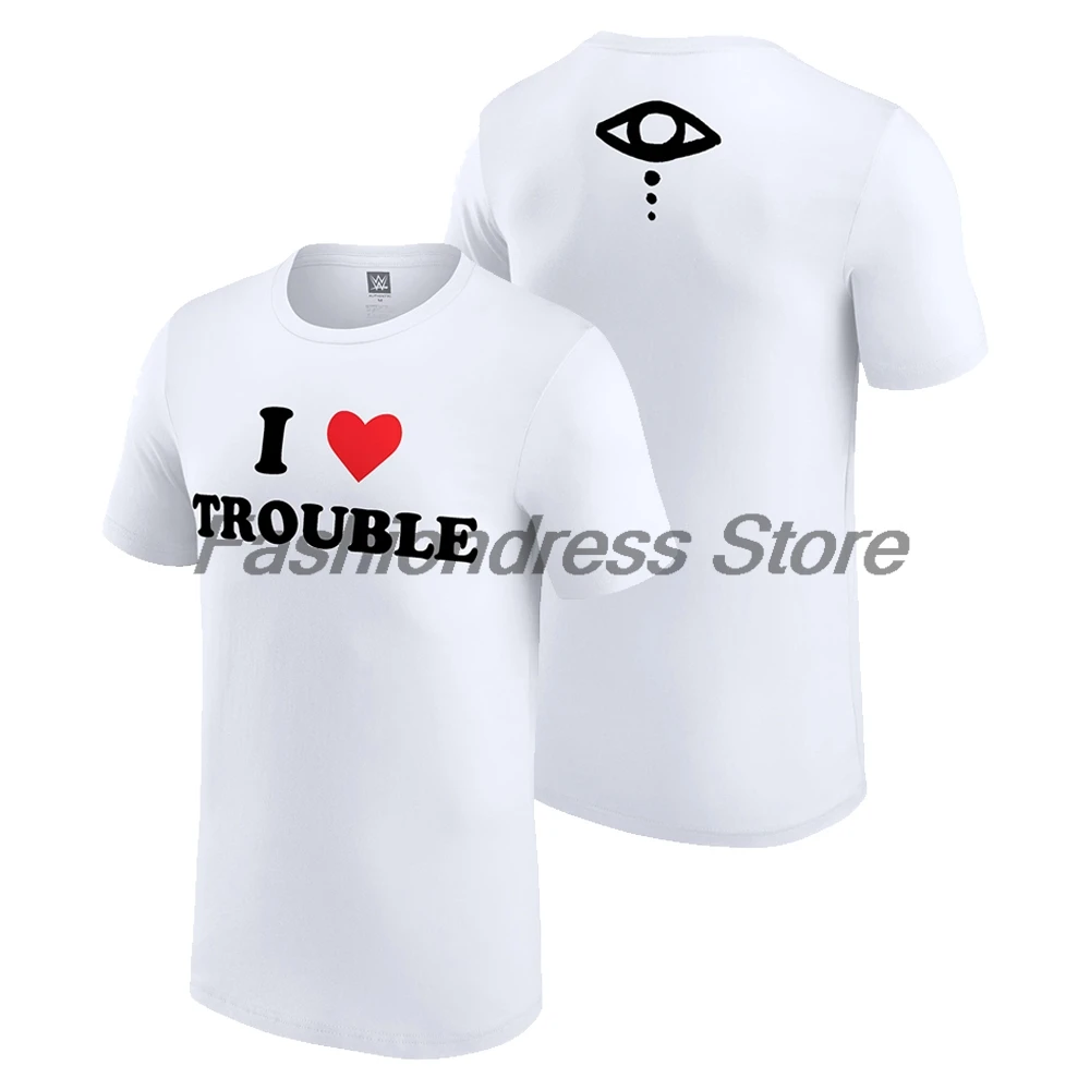 Men's White Liv Morgan I Love Trouble T-shirt Crewneck Short Sleeve Polyester Tee Women Outdoor Streetwear Tops