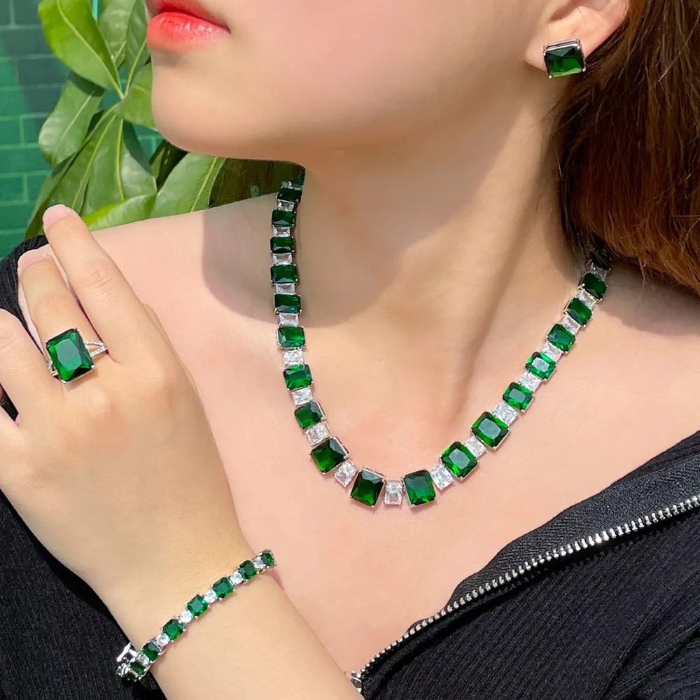 

CWWZircons 4 pcs Luxury Dark Green Square Cubic Zirconia Nigerian Dubai Jewelry Sets Bridal Wedding Costume Accessories T624