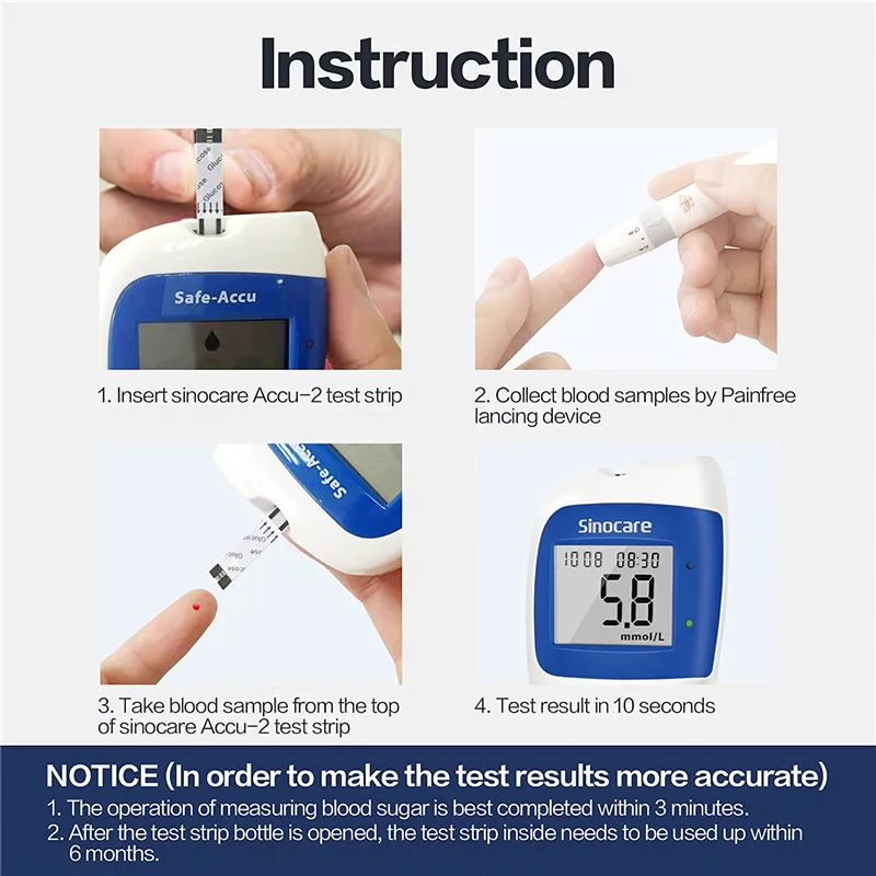 Medidor de glucosa en sangre Sinocare Safe Accu2, monitor de glucosa en sangre, prueba de azúcar en sangre para diabetes o solo tiras reactivas.