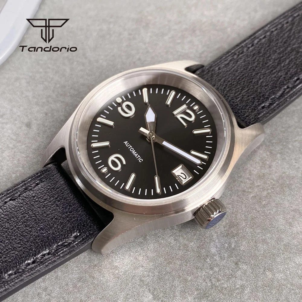 Tandorio 36mm Pilot nh35 Tauch Herren automatische Taucher uhr Datum 20atm mechanische Stahl Armbanduhr für Dame Leder schwarz Zifferblatt Lume