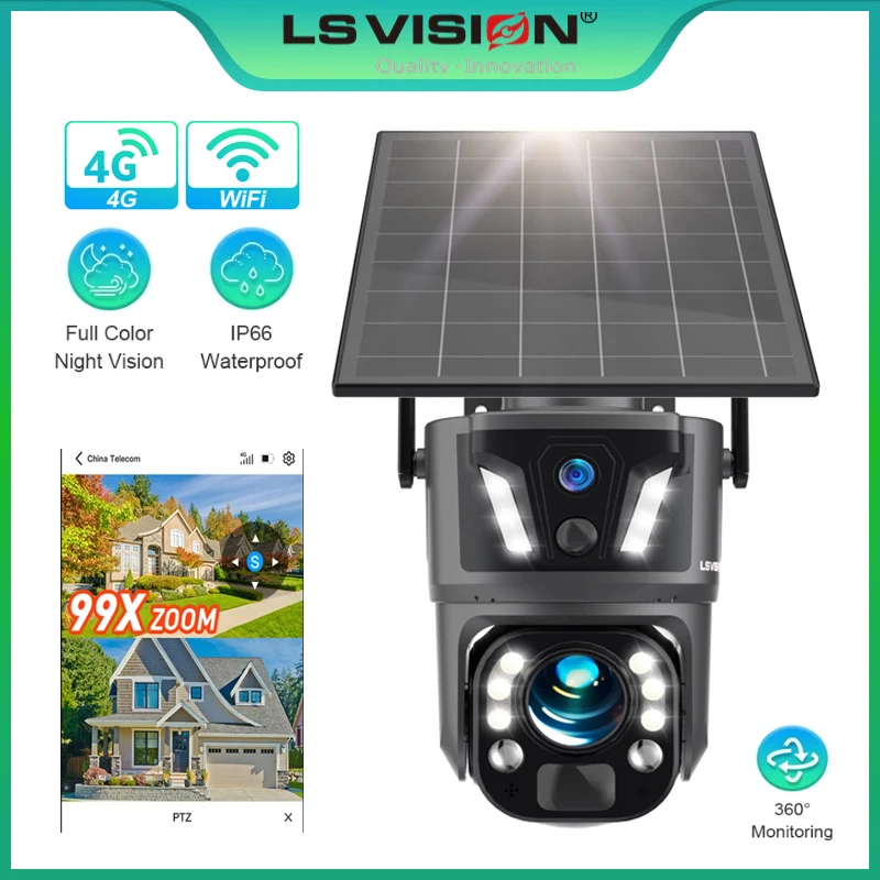 LS VISION 99X Zoom WIFI Outdoor Wireless 4G, 99X  Zoom Triple Lens, PIR Human Detection, Solar Powered Security for Farm Villa