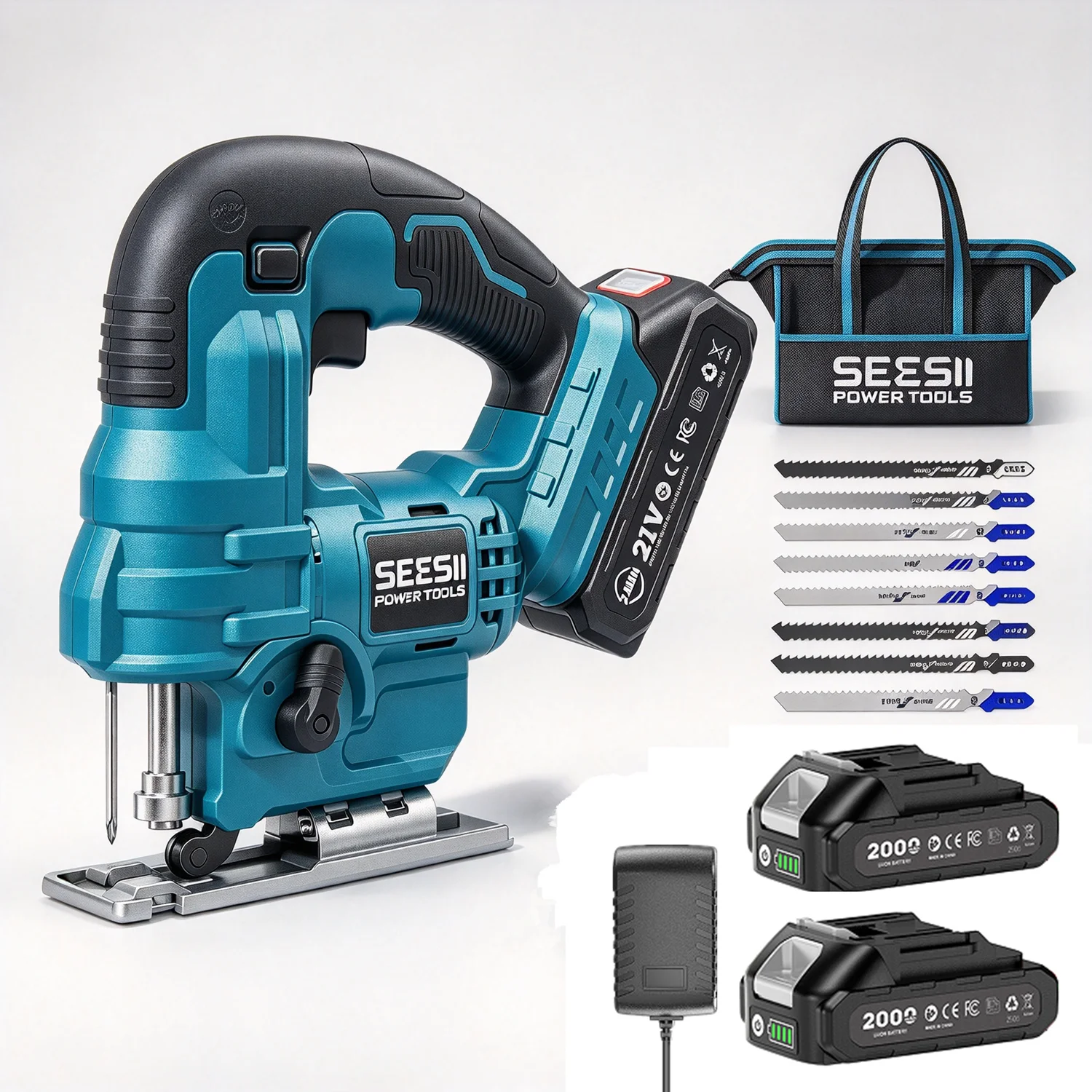 SEESII Cordless Jigsaw Tool ±45° Bevel Cuts Jig Saw 4 Orbital Multi-Function Electric Curve Saw Pipes Wood Cutting Tool