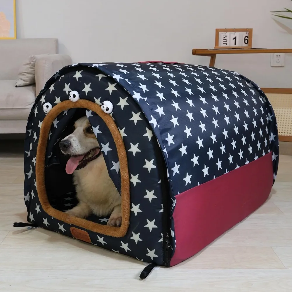 3 in 1 Indoor Outdoor Large Dog House with Cushion Mat, Insulated Warm Cave Bed for Medium and Large Size Dogs.