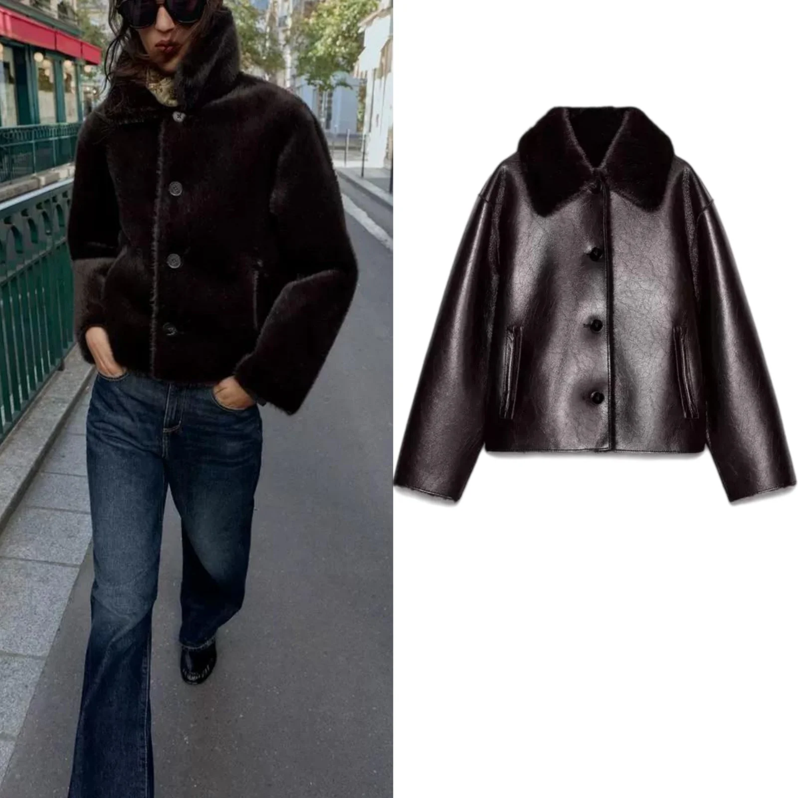 Autumn Winter Women's Casual Style Double-sided PU Leather Jacket Long Sleeve Turn-down Collar Coat Warm Short Length Polyest...