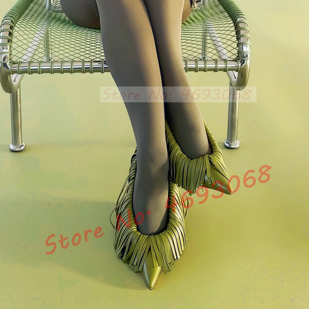 

Green Sexy Fringed Pumps Women Sexy Hollow Out Pointed Toe Pumps Ladies Splicing Leather Outdoor Red Insole Shoes