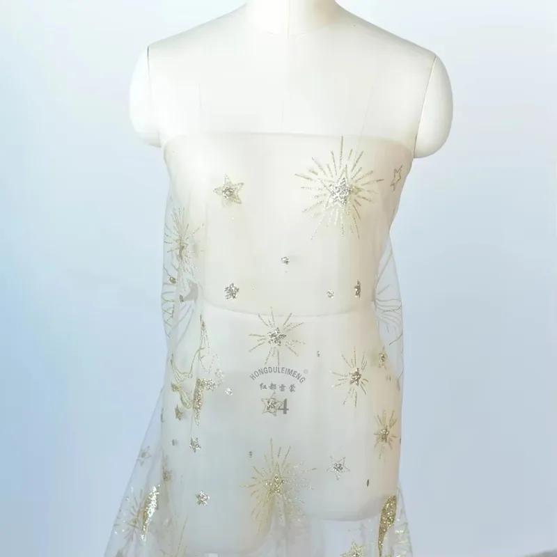

Golden Seahorse Moon Embroidery Mesh Fabric Hot Fix Powder Wedding Dress DIY Handmade Clothing Design Gold Spray Material