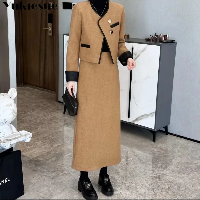 Korean Elegant Womens Autumn Winter Design Advanced sense Thicken Lady Jacket Dress Girls Set Suit Skirt Two-piece Set Versatile