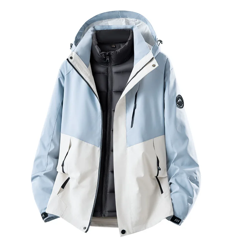 Unisex 3‑in‑1 Hooded Hiking Jacket Detachable Padded Inner Coat Color Block Waterproof Windproof Zipper Outerwear Coat Men Women