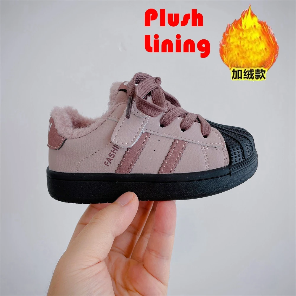 Tênis de pelúcia infantil, sola macia, quente, casual, estilo coreano, grosso, meninos, meninas, sapatos de escola, novo, inverno