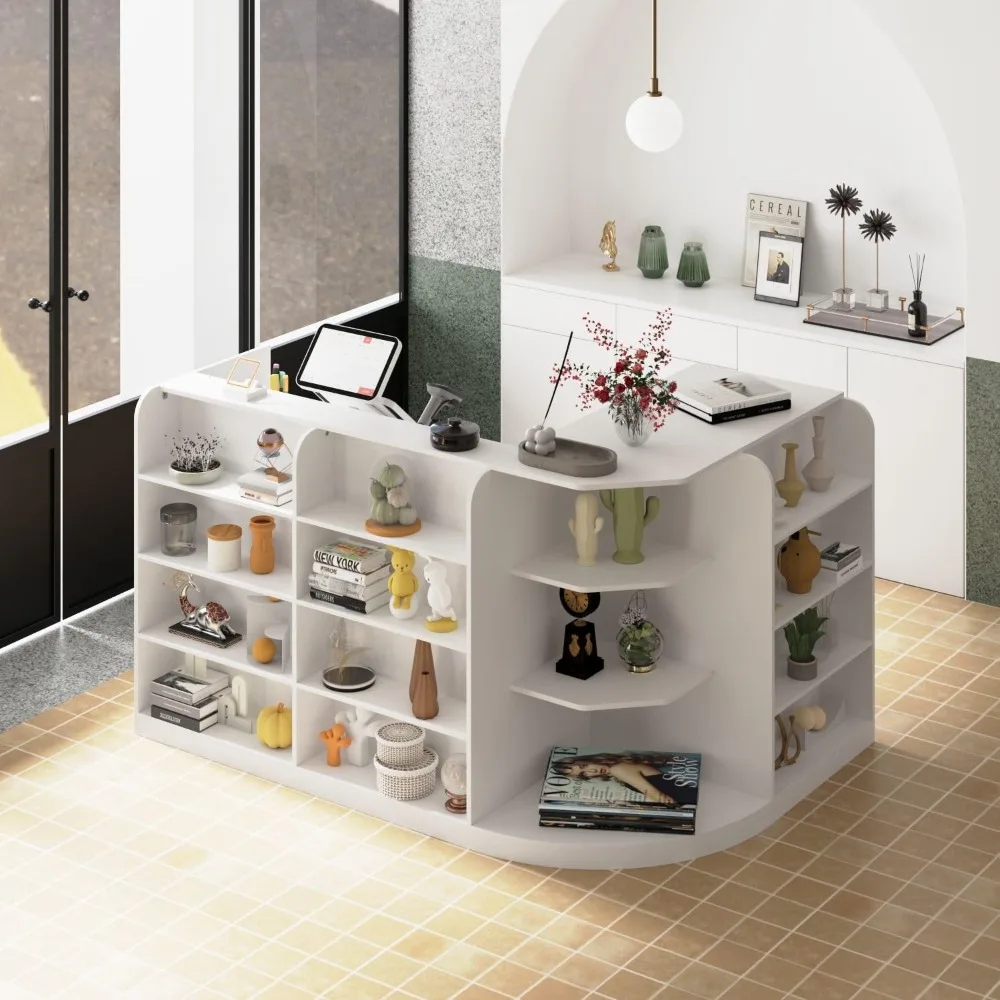 

"l-shaped reception desk with storage drawers and open shelves, ideal for retail and front office use"