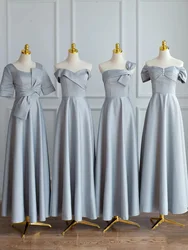 Floor Length Light Blue Bridesmaid Dresses Lady Elegant Boat Neck Sleeveless Bow Wedding Simple Pearl Long Party Gowns