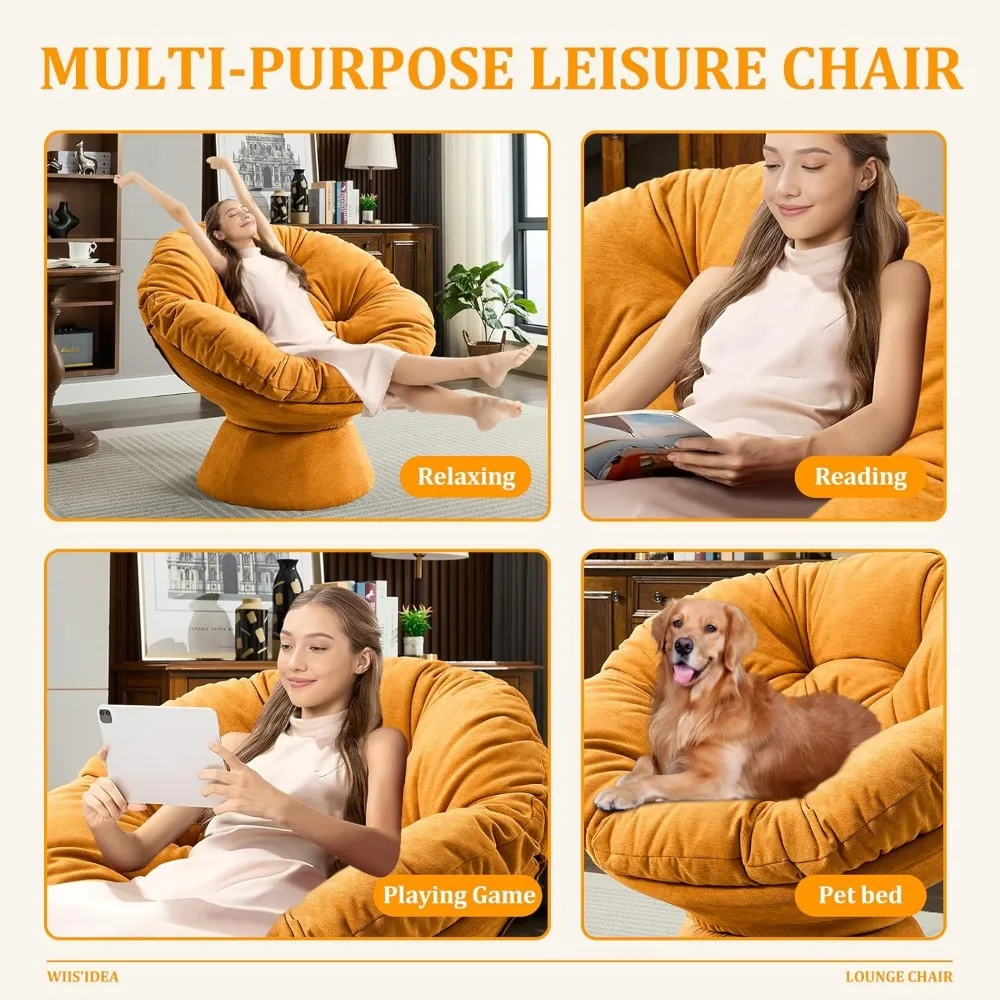 cadeira papasan com almofada e moldura, 360 °   cadeira giratória com detalhes, confortável reclinável de leitura redonda estofada em chenille com