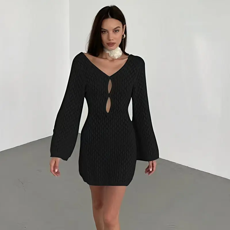 

Sexy Backless Sundress with Cutouts, 2025 Resort Lace Mini Dress, V-Neck Long Sleeve Beach Cover Up for Women Photoshoot