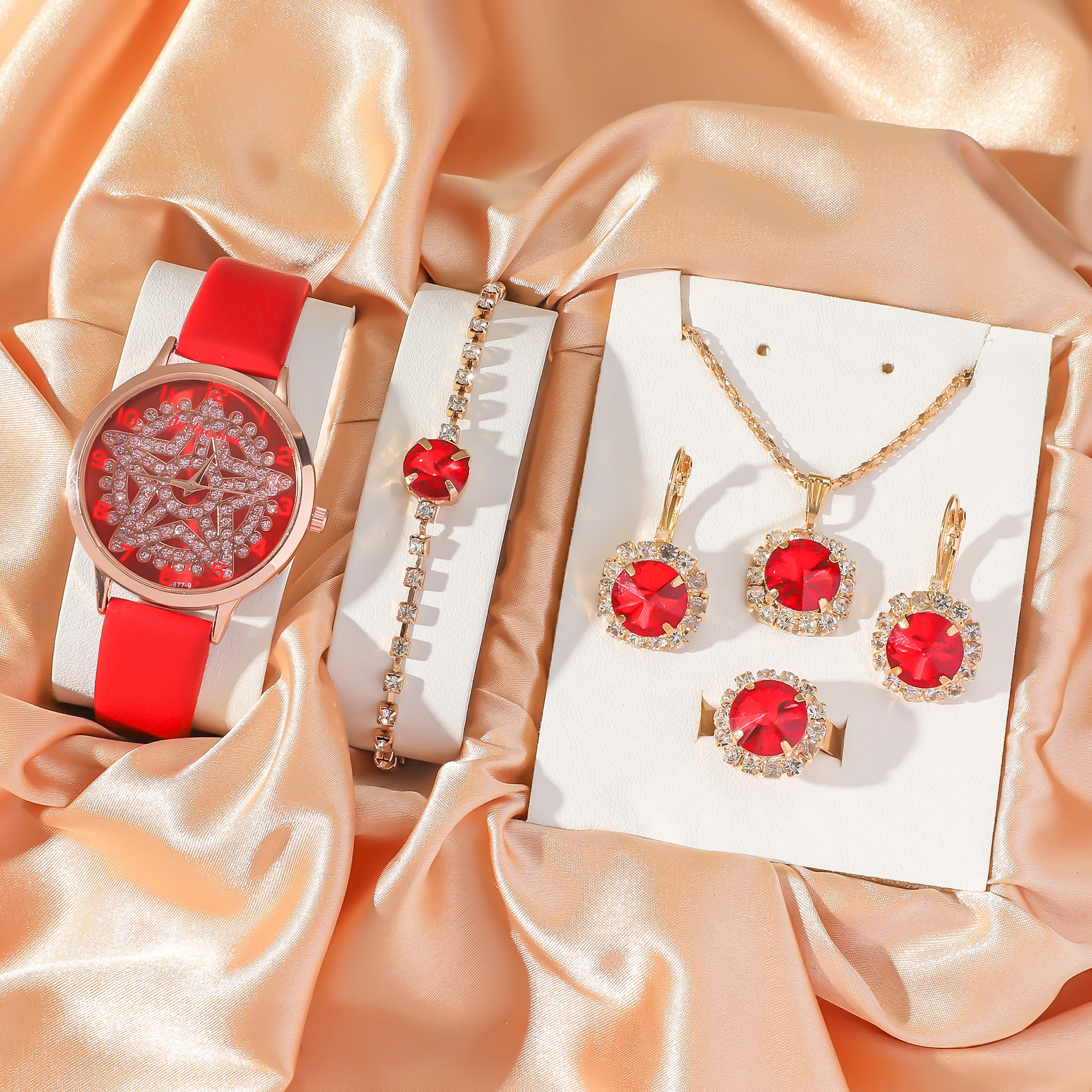 

5 шт./компл. женские кварцевые часы с красным циферблатом, свежий комплект украшений, подходящий для друзей и родителей на годовщину