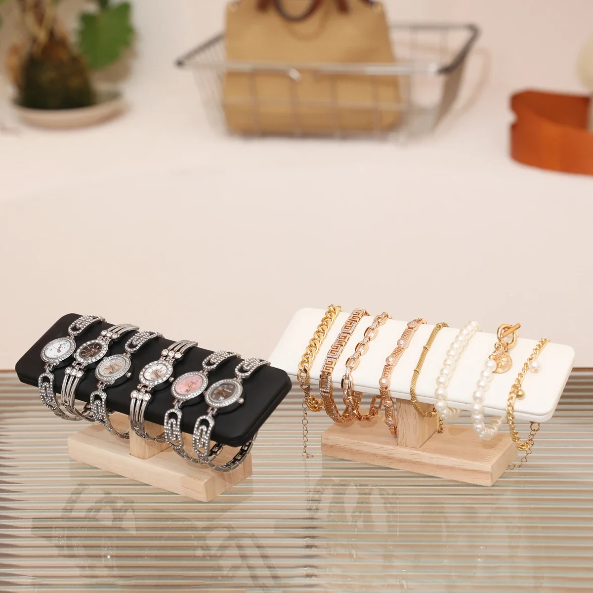 

1pc Wooden Base T-Shaped PU Leather / Velvet Bracelet Display Rack Bangle Watch Hairband Jewelry Storage Stand Holder Organizer