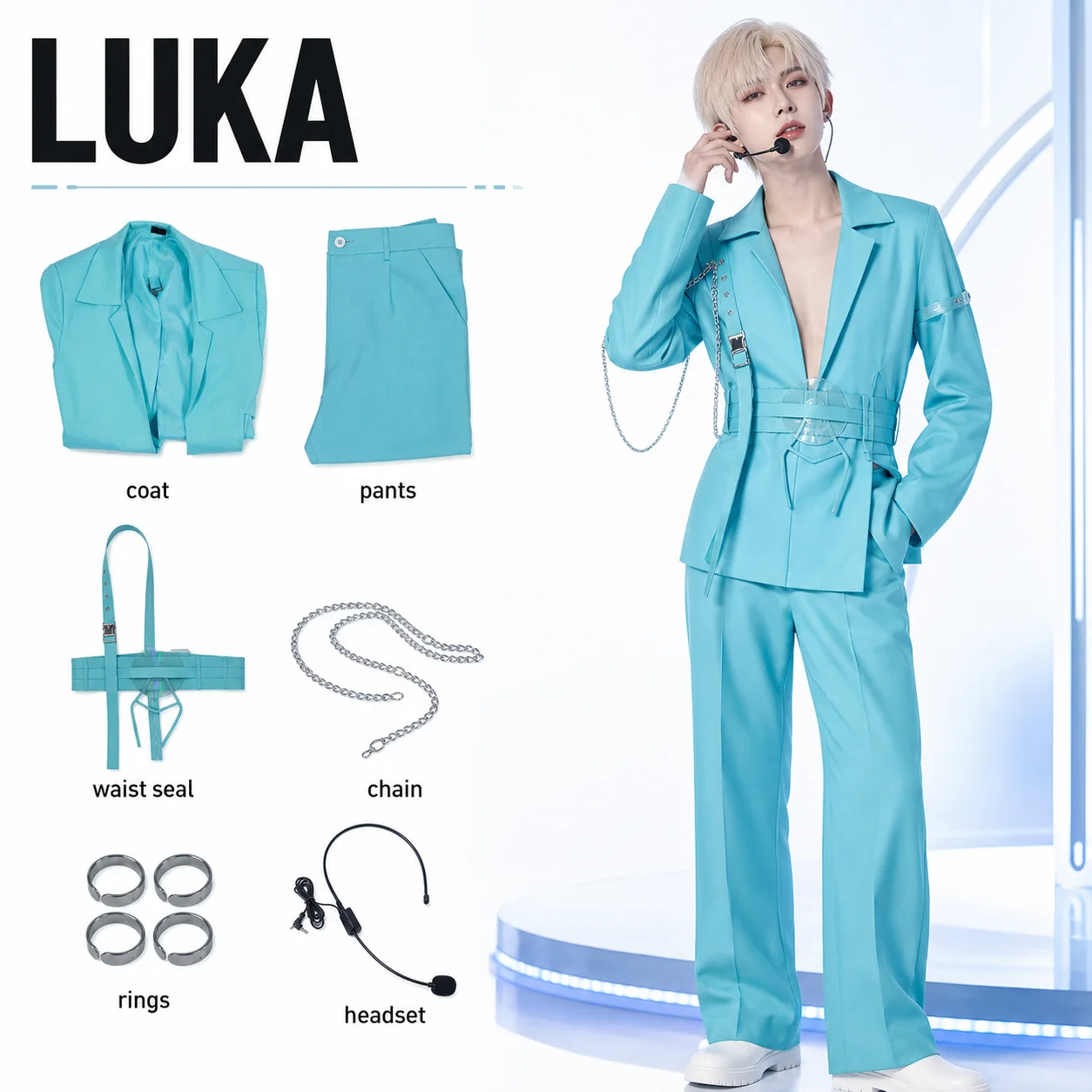 Luka R7 Blue Stage Suit Cosplay Full Set Costume Outfit for Men Halloween Carnival Party Performance Deluxe Cos Convention - view 2