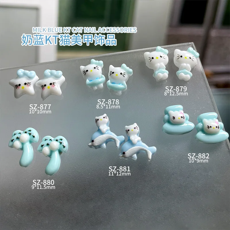 

50Pcs Korean-Style Milk Blue Nail Charms - 3D Cartoon Cat & Palm Tree Resin Decor for Soft Manicures