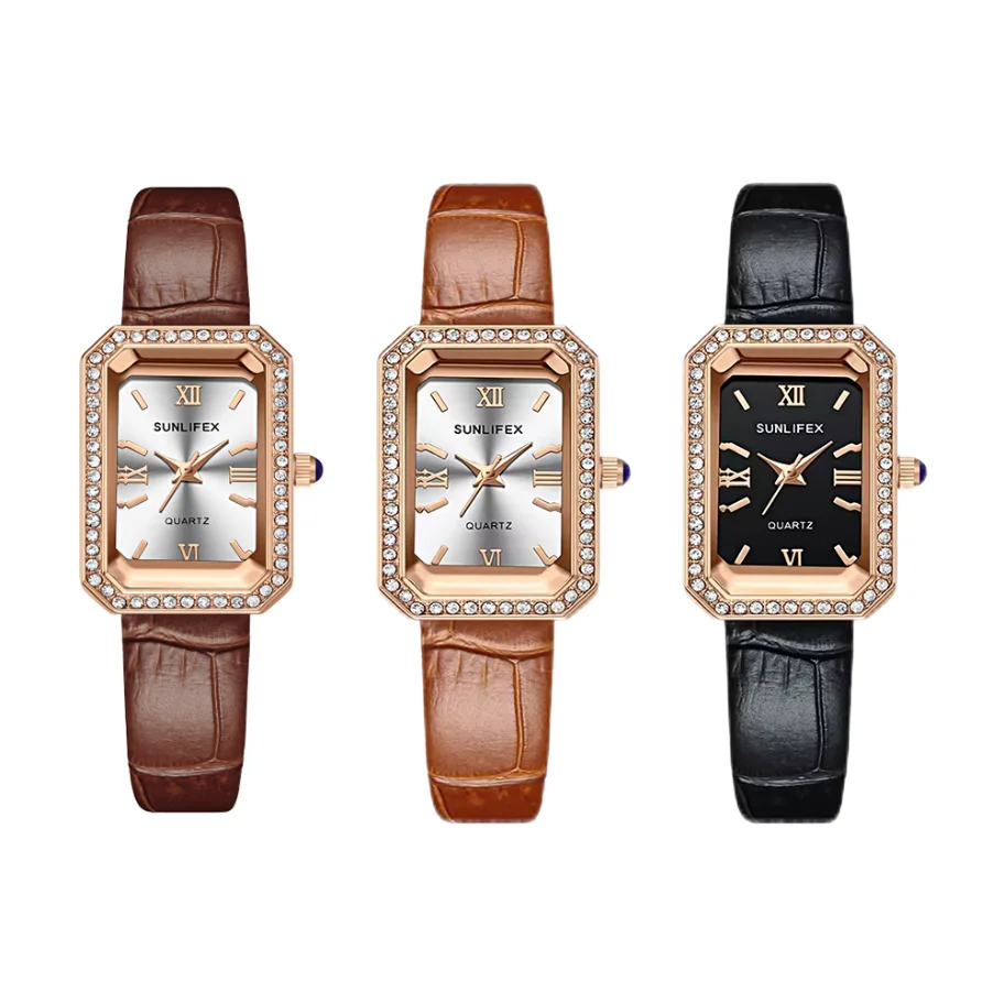 Casual Women's Coffee Brown Leather Strap Watch Fashionable With Rhinestone Watches Rectangle Dial Wristwatch reloj para mujer
