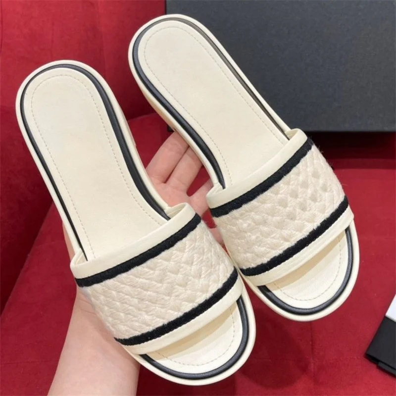 Round Toes Shoes for Ladies Mixed Colors Slippers Square Low Heels Grid Sabdalias Femme Pantuflas Weave Zapatos Mujer Chaussure