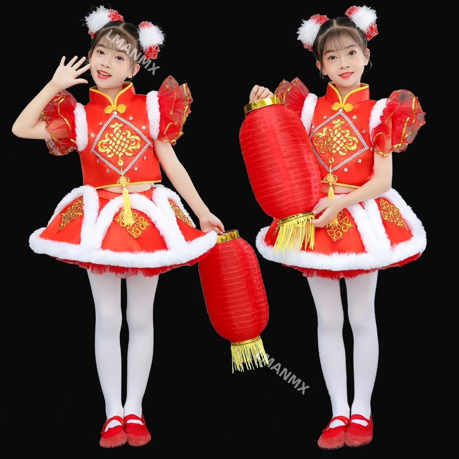 Children's Joyful Chinese Red Performance Dress Opening Red Lantern Dream Child Drumming Performance Dress