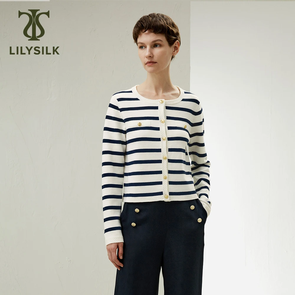 LILYSILK-Cardigan de lã merino para mulheres, jaqueta de bainha trançado exterior elegante, abotoado, estilo náutico, primavera, novo, frete grátis, 2024