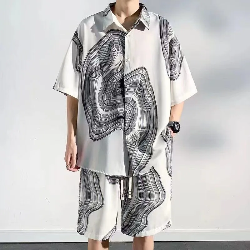 

Chinese Style Ink Shorts Suit Men Summer Turn-down Collar T-shirts with Casual Elastic Shorts Fashion Lightweight Two-piece Set